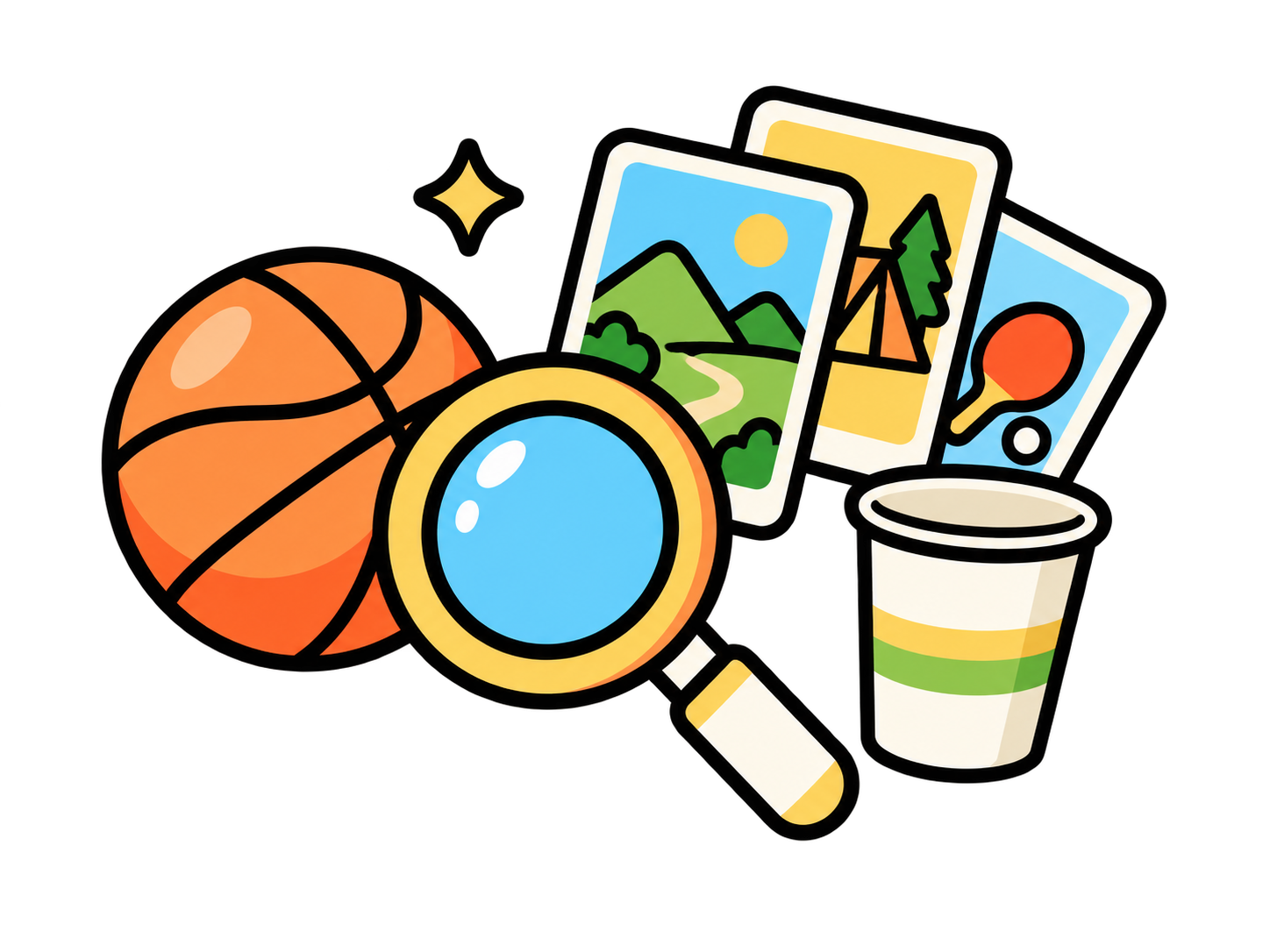 ボールやカード、紙コップからレクリエーションを探すイラスト